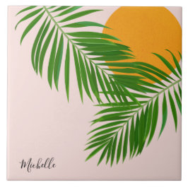 Retro Tropical Sunset Handflatan Lövs minimalistis Kakelplatta
