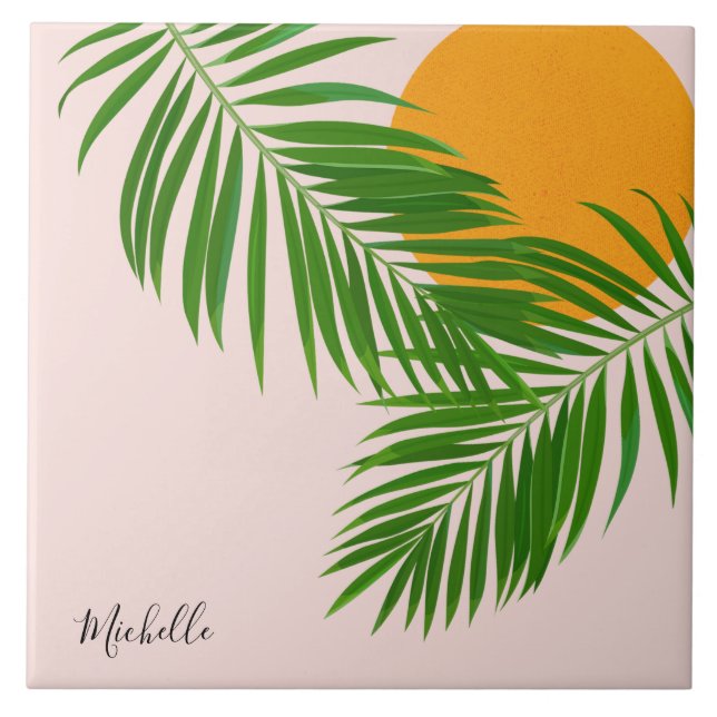 Retro Tropical Sunset Handflatan Lövs minimalistis Kakelplatta (Framsidan)