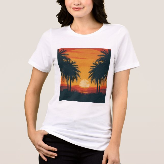 Retro Tropical Sunset Palm Trees T Shirt (Framsida)
