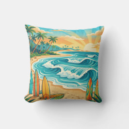 Retro Tropical Surf Beach Waves Throw Pillow Kudde