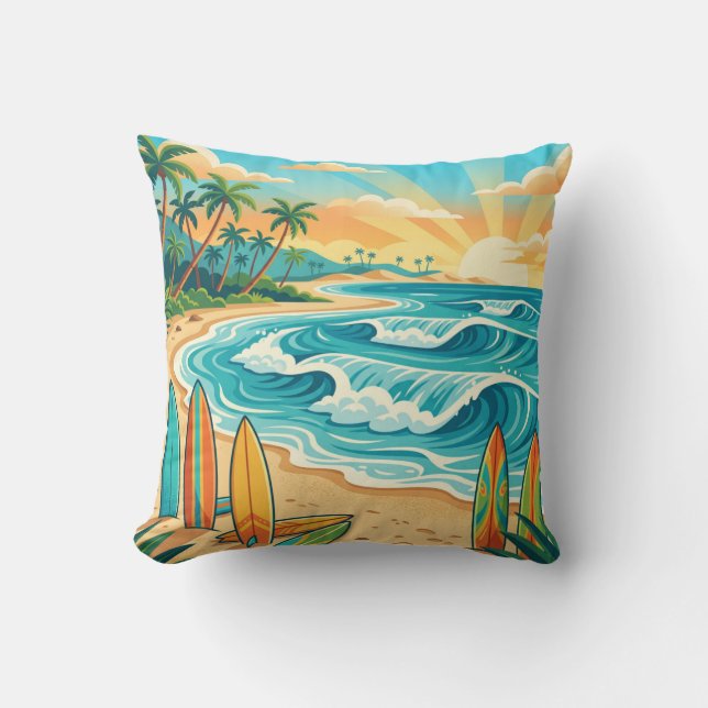 Retro Tropical Surf Beach Waves Throw Pillow Kudde (Framsida)
