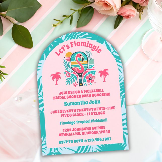Retro Tropisk Flamingo Pickleball Bröllopsdusch Inbjudningar (Bridal Shower Invitation)