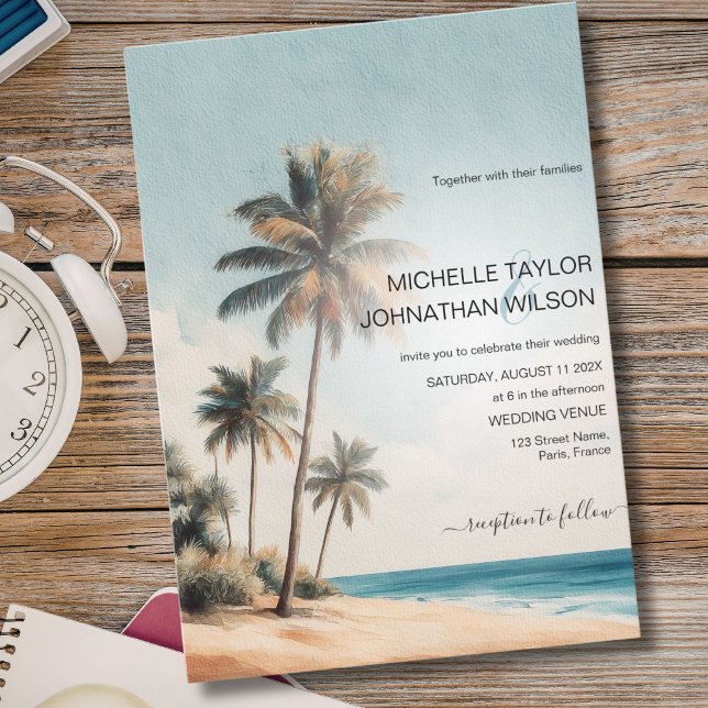 Retro Tropisk Palmstrand Destination Bröllop Inbjudningar (Retro Tropical Palm Beach Destination Wedding Invitation)