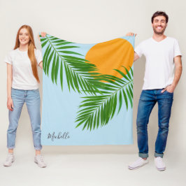 Retro Tropisk Sol Palmblad Blå Minimal Namn Fleecefilt