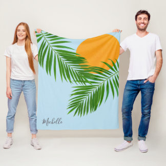Retro Tropisk Sol Palmblad Blå Minimal Namn Fleecefilt