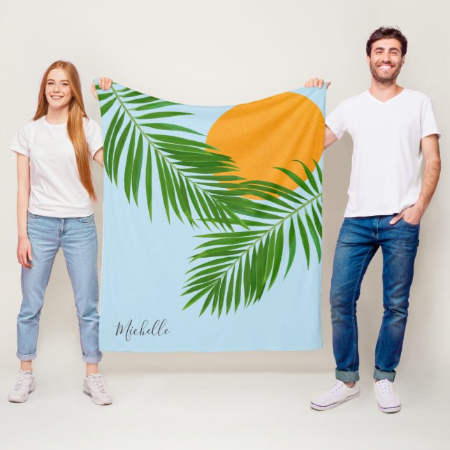 Retro Tropisk Sol Palmblad Blå Minimal Namn Fleecefilt (På plats)