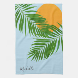 Retro Tropisk Sol Palmblad Blå Minimal Namn Kökshandduk