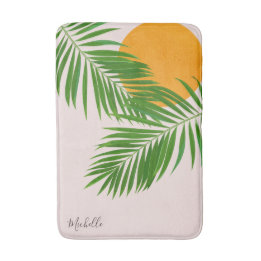 Retro Tropisk Solnedgång Palmblad Minimalist Namn Badrumsmatta