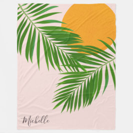 Retro Tropisk Solnedgång Palmblad Minimalist Namn Fleecefilt