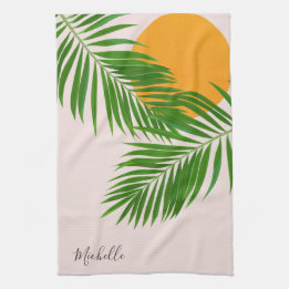 Retro Tropisk Solnedgång Palmblad Minimalist Namn Kökshandduk