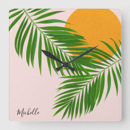 Retro Tropisk Solnedgång Palmblad Minimalistiskt N Fyrkantig Klocka