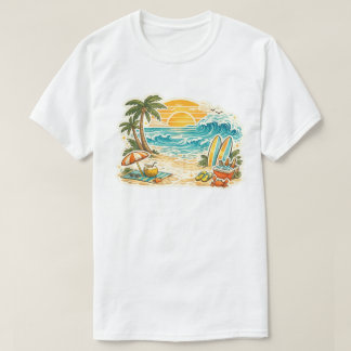Retro tropisk strand solnedgång illustration | Vin T Shirt