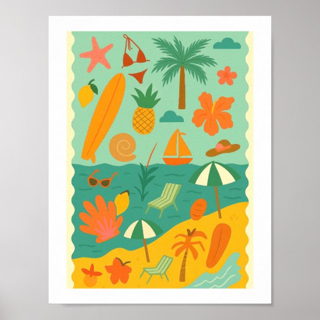 Retro tropisk strandcollage Surf Sommarsemester Poster (Framsidan)