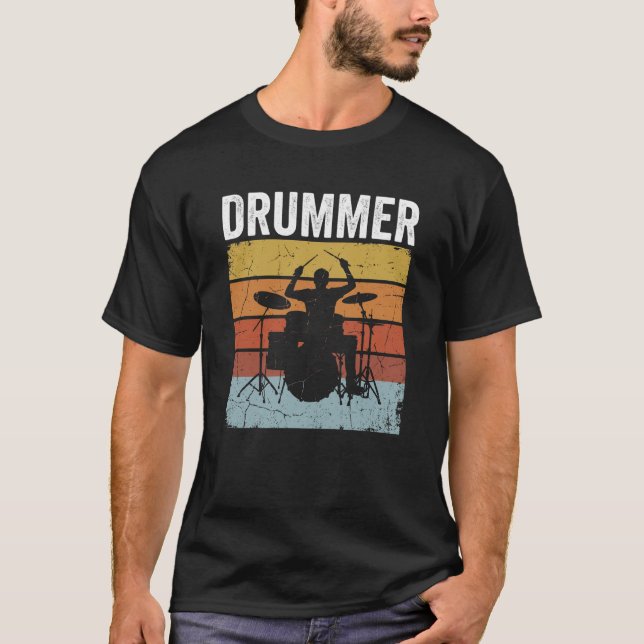 Retro Trummis Solnedgång Musiker Trumset T Shirt (Framsida)