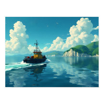 Retro Tugboat Nautical Coastal Landscape Scenic