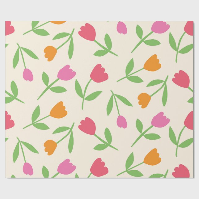 Retro tulpanblommönster i orange rosa och röd presentpapper (Platt)