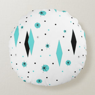 Retro Turcoise Diamonds & Starbursts Round Pillow Rund Kudde