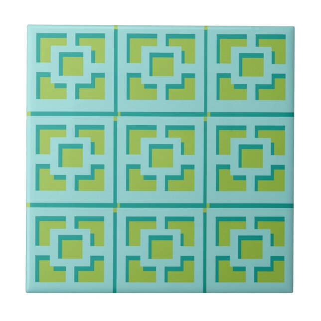 Retro Turcos och Grönt Trellis Ceramic Tile Kakelplatta (Framsidan)