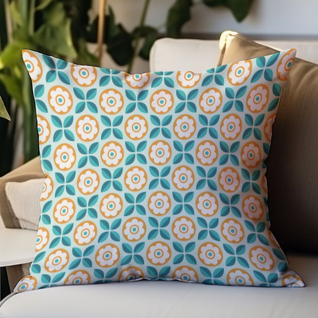 Retro Turkos Aqua Orange Blommig Geometrisk Mönste Kudde (Skapare uppladdad)
