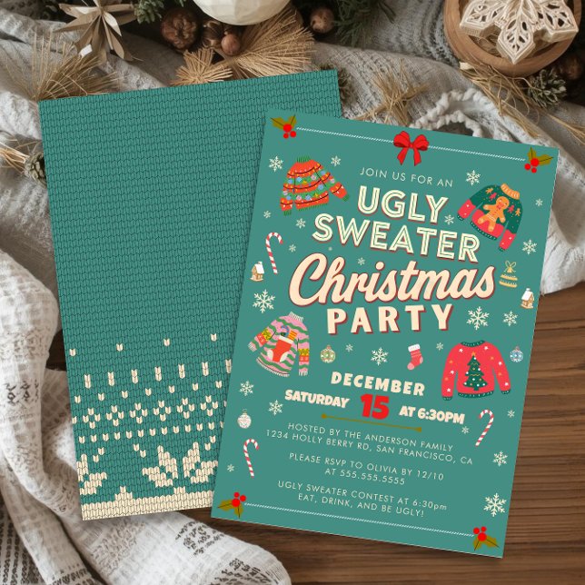 Retro turkos ful jultröja jullfest inbjudan (Retro teal ugly sweater Christmas party invitation with knit pattern and festive holiday decor.)