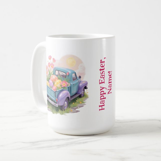 Retro turkos och lila lastbil med påskägg kaffemugg (Framsida vänster)