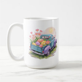 Retro turkos och lila lastbil med påskägg kaffemugg