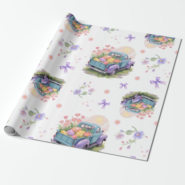 Retro turkos och lila lastbil med påskägg presentpapper (Utrullad)