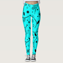 Retro turkos- och svart linjärt blomster-mönstrade leggings
