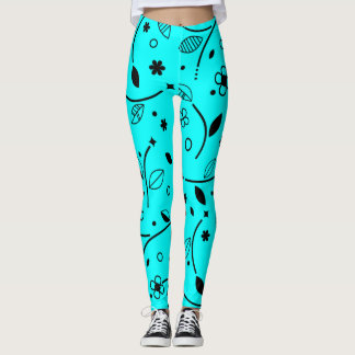 Retro turkos- och svart linjärt blomster-mönstrade leggings