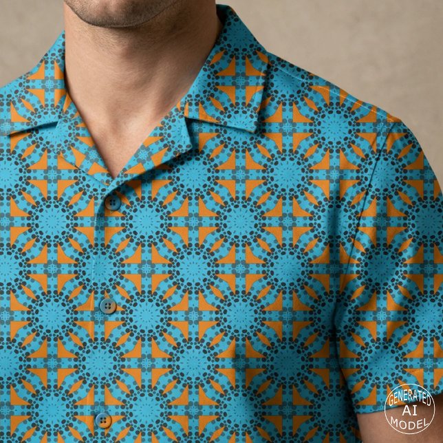 Retro Turkos Orange Prickig Geometrisk Mandala Tyg (Skapare uppladdad)