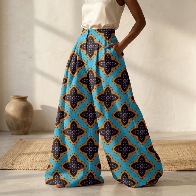 Retro Turkos Orange Svart Geometriskt Mönster Tyg (Skapare uppladdad)