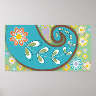 Retro turkos paisley med blommor poster