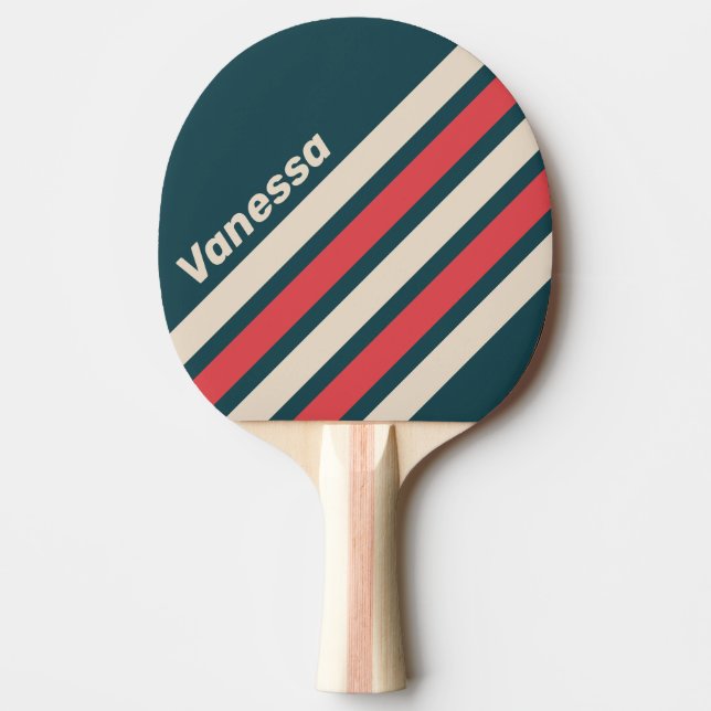 Retro Turkos Vibe Diagonal Randig med Namn Pingisracket (Framsidan)