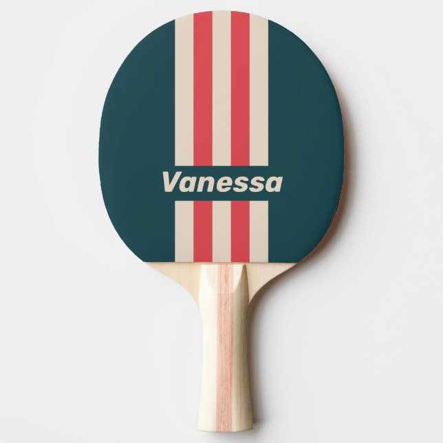 Retro Turkos Vibe Pin Ränder med Namn Pingisracket (Framsidan)