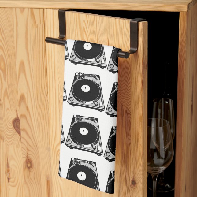 Retro Turntable Graphic in Black Kökshandduk (Thirds Fold)