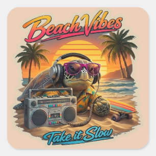 Retro Turtle Beach Vibes - Coola Sommarmysiga Graf Fyrkantigt Klistermärke