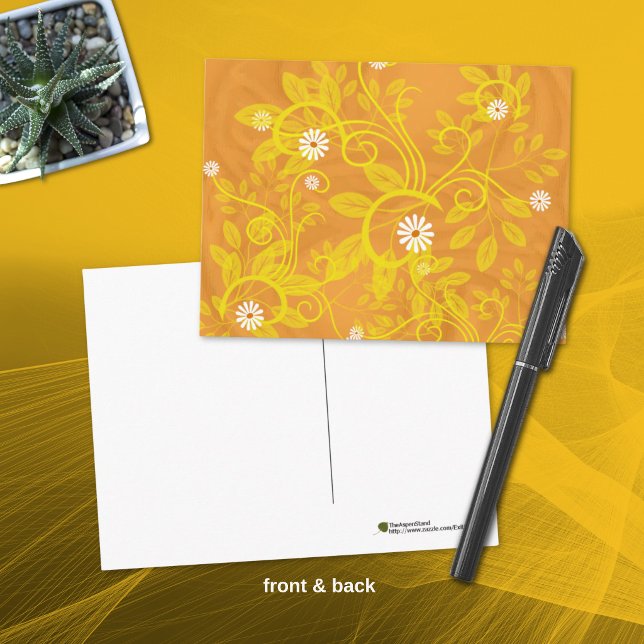 Retro tusenskönor och gul filigransmönster över or vykort (Retro floral postcard front and blank back with room for a handwritten note. )