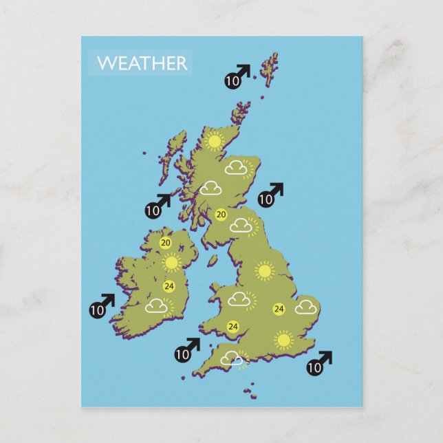 Retro TV Weather Karta från British Isles. Vykort (Framsida)