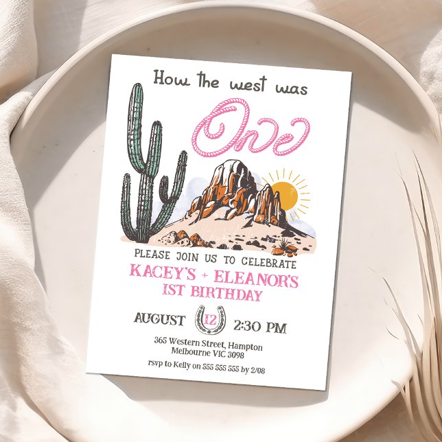 Retro Twin Girls hur Västern var en första födelse Inbjudningar (Twin Girls How the West Was One 1st Birthday Invitation Western First Birthday Invite Baby Girls)