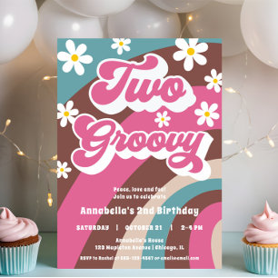 Retro TWO groovy 2:a födelsedag rosa teal Inbjudningar