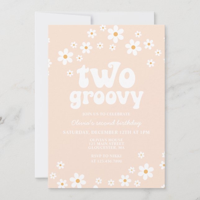 Retro Two Groovy daisy boho blommigt andra födelse Inbjudningar (Framsida)