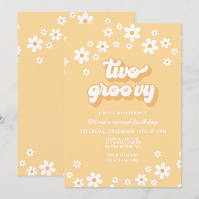 Retro Two Groovy daisy boho blommigt andra födelse Inbjudningar (Fram/baksida)