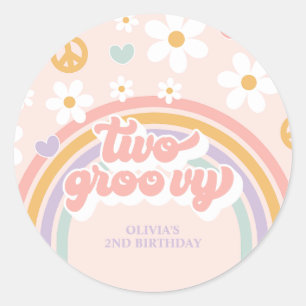 Retro Two Groovy Girl Rainbow 2:a födelsedagen Runt Klistermärke