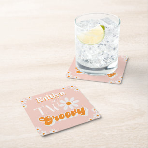 Retro Two Groovy Girls 2:a födelsedag Underlägg Papper Kvadrat