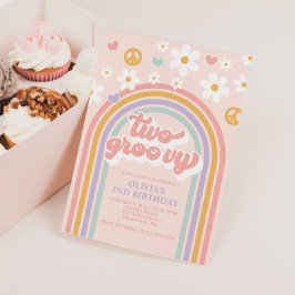 Retro Two Groovy Rainbow 2:a födelsedagen Inbjudningar