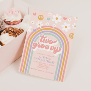 Retro Two Groovy Rainbow 2:a födelsedagen Inbjudningar