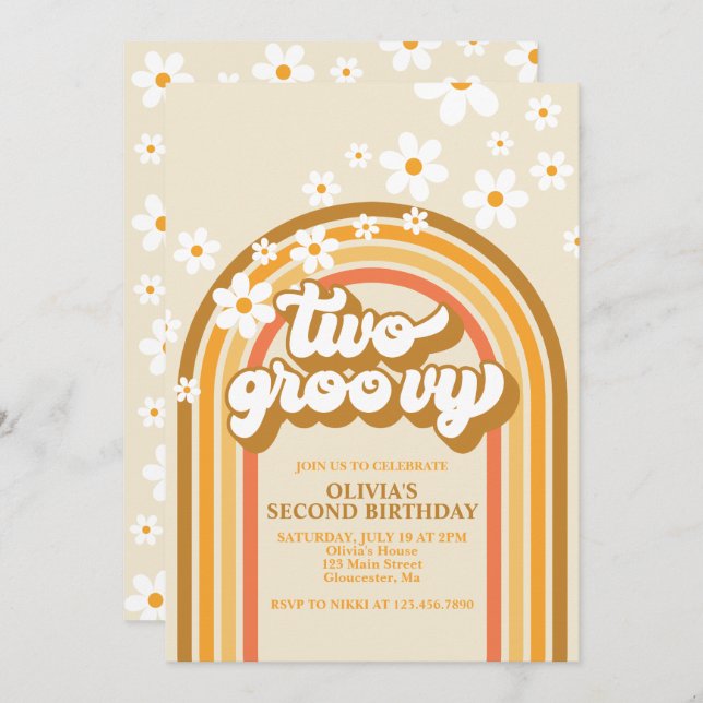 Retro Two GroovY Rainbow Brown Orange Birthday Inbjudningar (Fram/baksida)