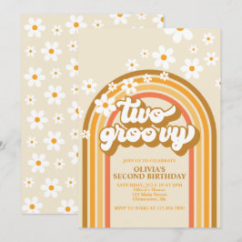 Retro Two GroovY Rainbow Brown Orange Birthday Inbjudningar
