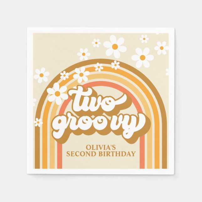 Retro Two GroovY Rainbow Brown Orange Birthday Pappersservett (Framsidan)