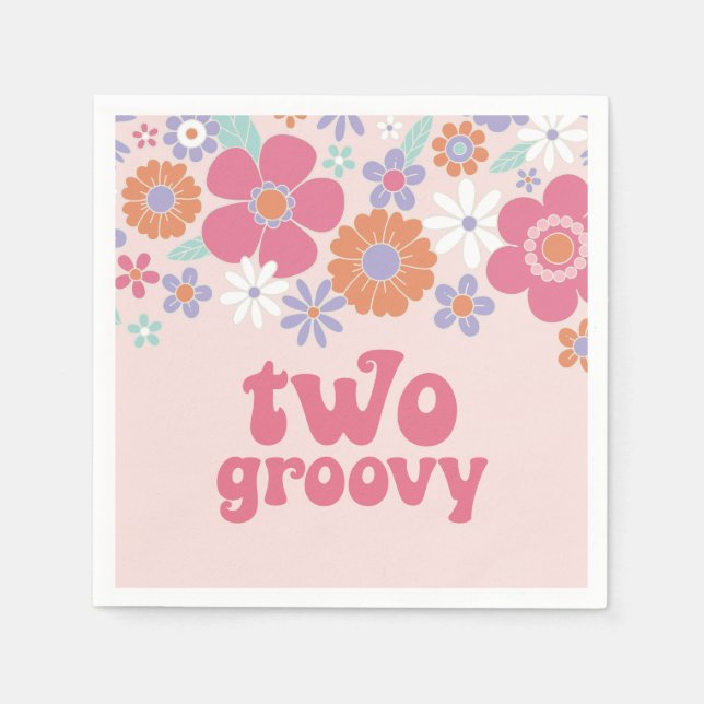 Retro Two Groovy Rosa Blommig Pappersservett (Framsidan)